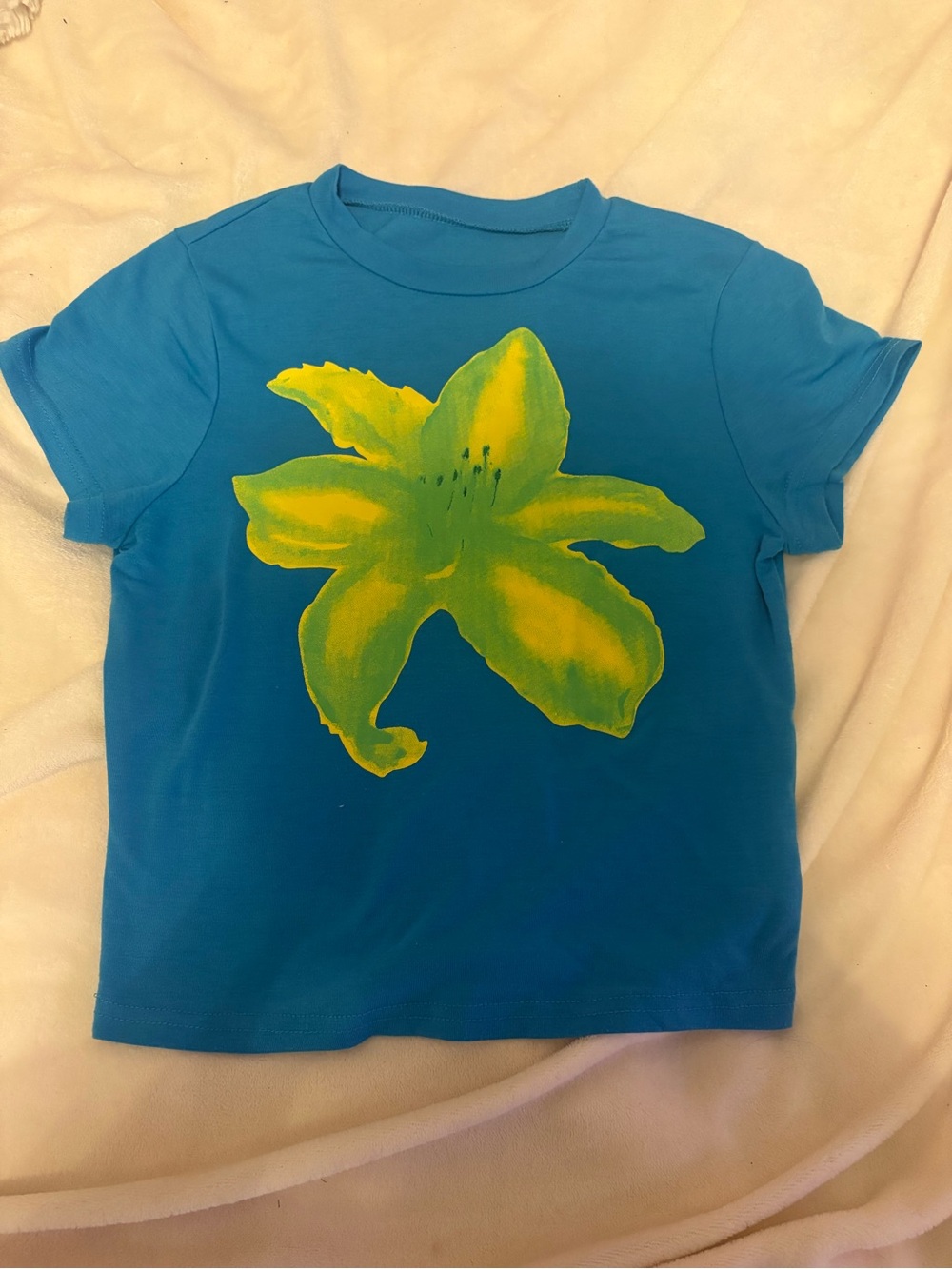 SHEIN Blue Crop Top with Yellow Floral Graphic